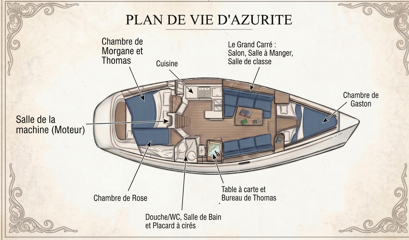Plan illustré de l'aménagement intérieur d'Azurite : cabines, Grand Carré, cuisine, salle de la machine, table à carte